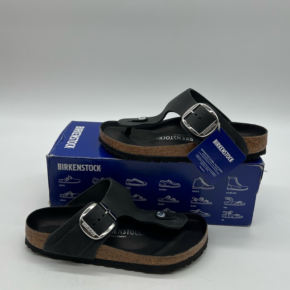 Birkenstock Black Thong Sandals with Silver Buckle